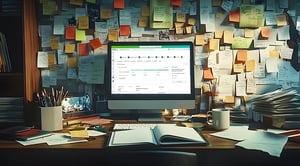A cluttered workspace before Bill360